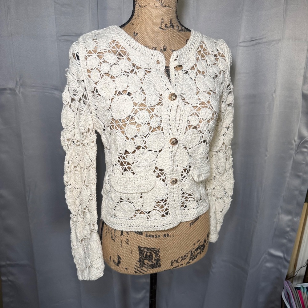 Ivory Cardigan Women XS Cream Crochet Button Front Boho Sweater Cottagecore